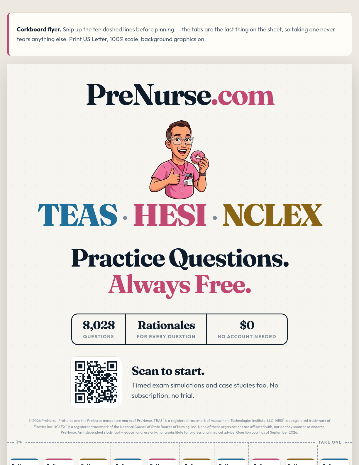 Preview of the colour PreNurse flyer: the mascot, the words TEAS, HESI and NCLEX, 8,028 questions, and a strip of ten tear-off tabs with QR codes.
