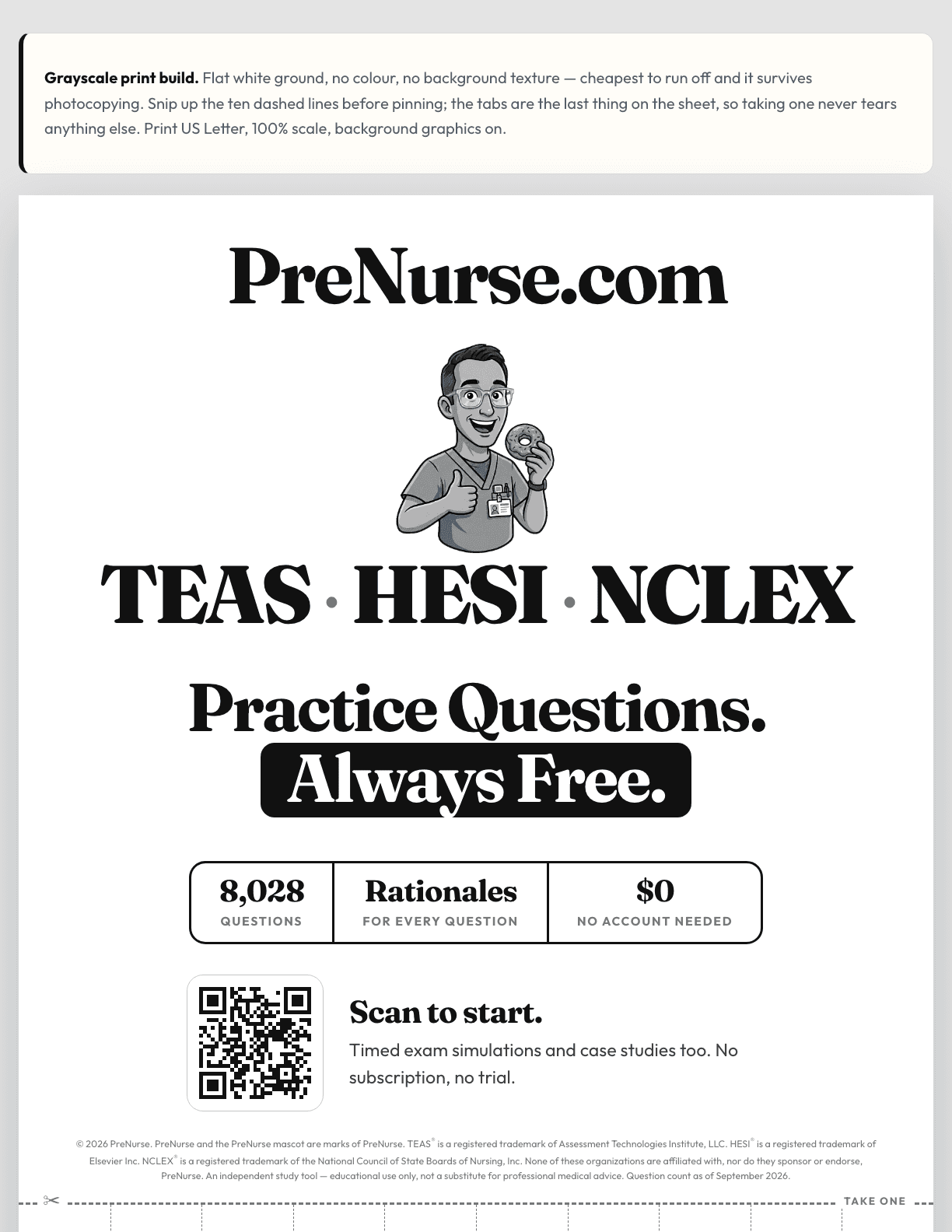 Preview of the black & white PreNurse flyer: the mascot, the words TEAS, HESI and NCLEX, 8,028 questions, and a strip of ten tear-off tabs with QR codes.